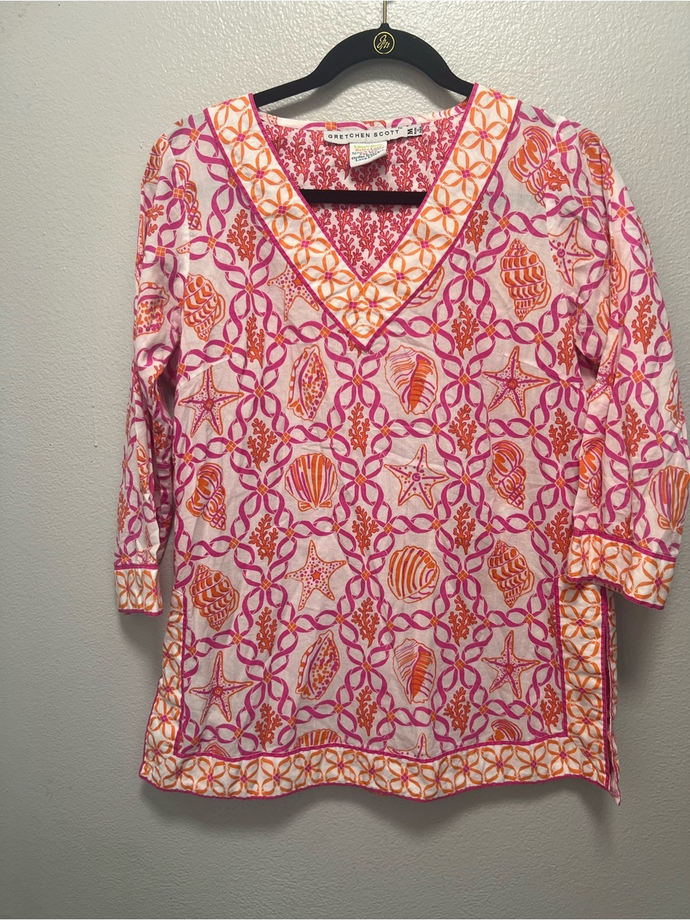 Med Gretchen Scott Pink & Orange Coral-Print V-Neck Tunic